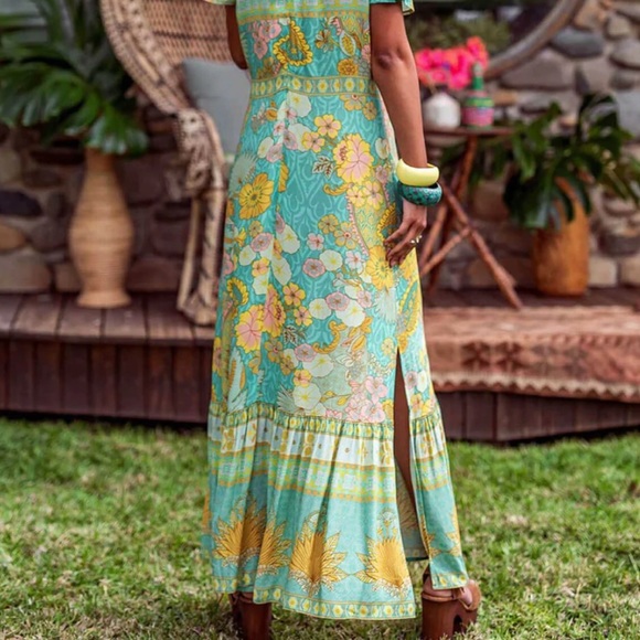 Boho Floral Solei Maxi Faux Wrap Ruffle Dress With Butterfly Sleeves - Picture 7 of 9